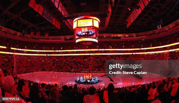 View of the retirement number ceremony of NHL Hall of Famer and former Philadelphia Flyers Eric Lindros prior to a game against the Toronto Maple...