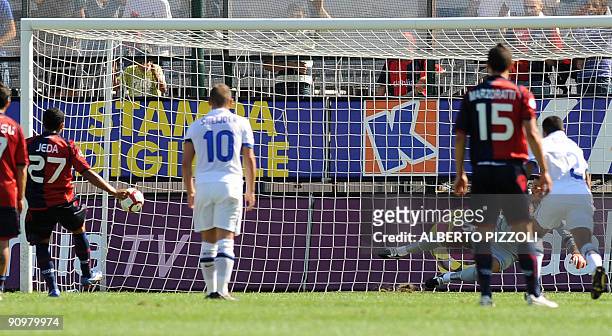 Cagliari's Brazilian forward Jeda Capucho Neves scores a penalty against Inter Milan during an Italian serie A football match at Sant'Elia stadium in...