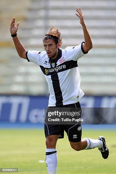 Cristian Zaccardo of Parma celebrates a goal during Serie A match played between Parma FC and US Citta di Palermo at Stadio Ennio Tardini on...