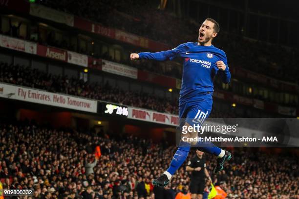 Eden Hazard of Chelsea celebrates after scoring a goal to make it 0-1 during the Carabao Cup Semi-Final Second Leg match between Arsenal and Chelsea...