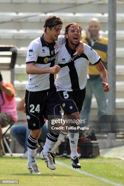 Cristian Zaccardo and Massimo Paci of Parma celebrate a goal during Serie A match played between Parma FC and US Citta di Palermo at Stadio Ennio...