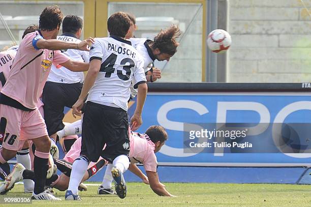Cristian Zaccardo of Parma scores a goal during Serie A match played between Parma FC and US Citta di Palermo at Stadio Ennio Tardini on September...
