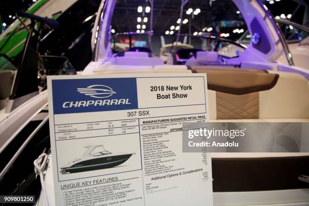 Chaparral 307 SSX boat is being displayed during New York Boat Show 2018 in Jacob K. Javits Convention Center in New York, United States on January...