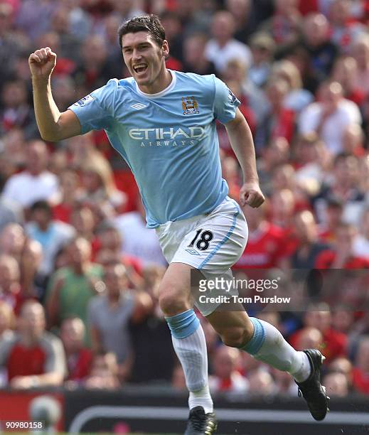 Gareth Barry of Manchester City celebrates scoring their first goal during the Barclays Premier League match between Manchester United and Manchester...