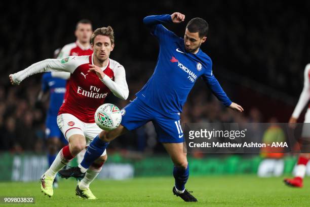 Nacho Monreal of Arsenal and Eden Hazard of Chelsea during the Carabao Cup Semi-Final Second Leg match between Arsenal and Chelsea at The Emirates...