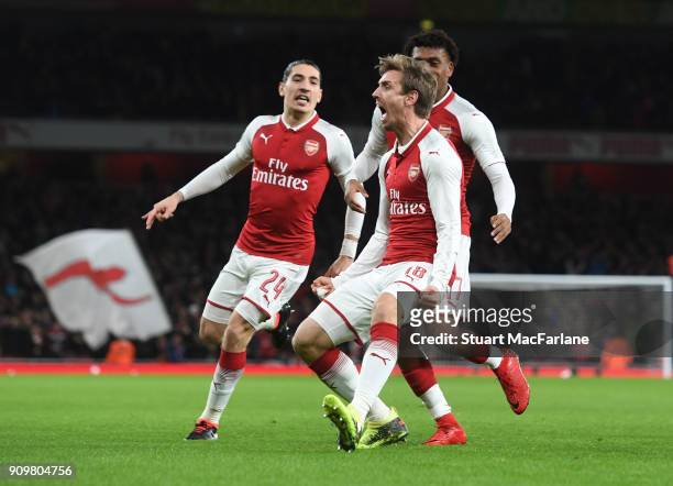 Nacho Monreal celebrates scoring for Arsenal during the Carabao Cup Semi-Final Second Leg between Arsenal and Chelsea at Emirates Stadium on January...