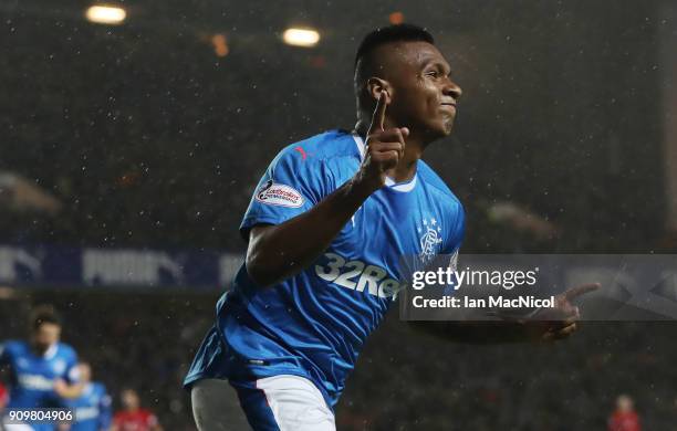 Alfredo Morelos of Rangers celebrates after he scores the opening goal during the Ladbrokes Scottish Premiership match between Rangers and Aberdeen...