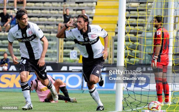 Cristian Zaccardo of Parma celebrates after scoring the opening goal of the Serie A match between Parma FC and US Citta di Palermo at Stadio Ennio...