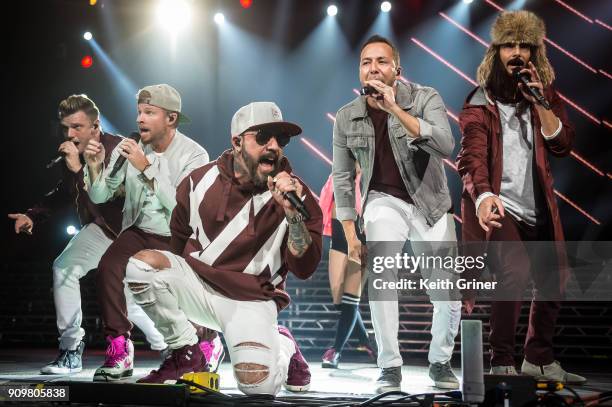 Nick Carter, Brian Littrell, AJ McLean, Howie Dorough, Kevin Richardson of the Backstreet Boys perform at Bankers Life Fieldhouse on December 12,...