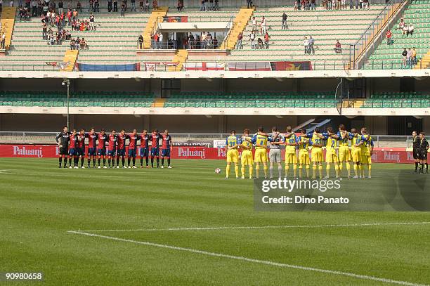 Chievo Verona and Genoa CFC teams play respects during the minute of silence for the Italian soldiers killed in an attack on Kabul in Pakistan,...