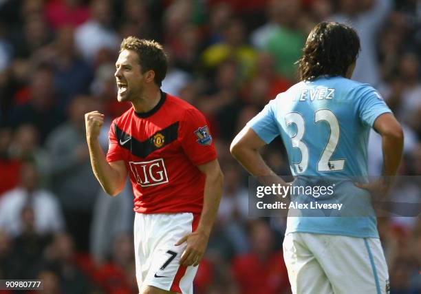 Michael Owen of Manchester United celebrates scoring the winning goal in injury time during the Barclays Premier League match between Manchester...