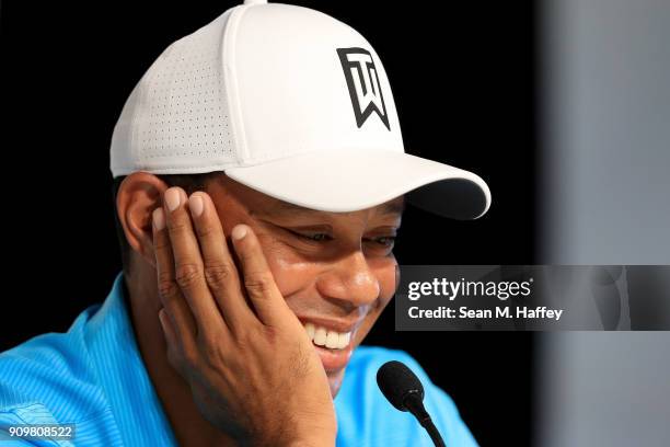 Tiger Woods addresses the media during a press conference after playing in the pro-am round of the Farmers Insurance Open at Torrey Pines Golf Course...