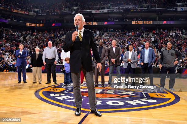 Paul Westphal speaks to the fans as part of their 50th season celebration before the game against the Houston Rockets on January 12, 2018 at Talking...