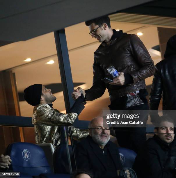 Dani Alves aka Daniel Alves, Thiago Motta attend the French National Cup match between Paris Saint Germain and En Avant Guingamp at Parc des Princes...