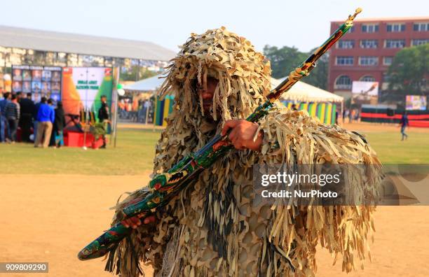 An Indian army Jawan show his skills during the 'Know Your Army exhibition ' on the occasion of Indian Republic Day , in Jaipur, Rajasthan, India on...