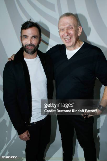 Stylists Nicolas Ghesquiere and Jean-Paul Gaultier pose after the Jean-Paul Gaultier Haute Couture Spring Summer 2018 show as part of Paris Fashion...