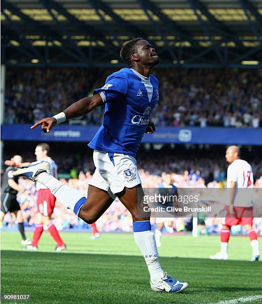Louis Saha of Everton celebrates scoring the opening goal during the Barclays Premier League match between Everton and Blackburn Rovers at Goodison...