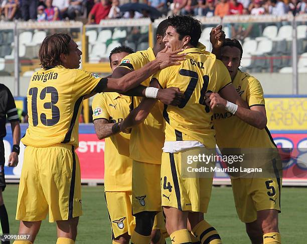 Julio Ricardo Cruz of SS Lazio celebrates scoring a goal with team mates during the Serie A match between Catania Calcio and SS Lazio at Stadio...