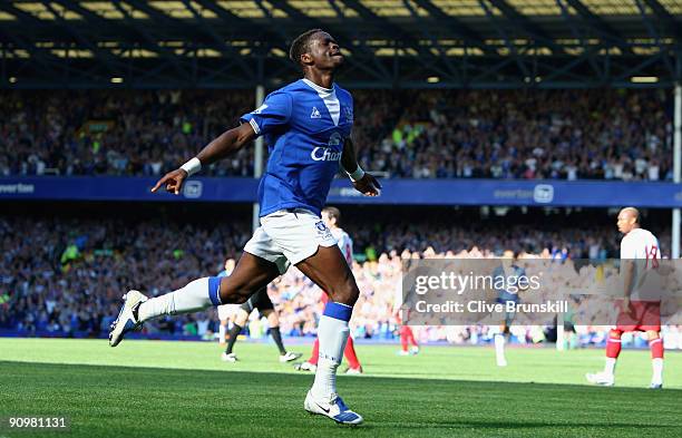 Louis Saha of Everton celebrates after scoring the opening goal of the Barclays Premier League match between Everton and Blackburn Rovers at Goodison...