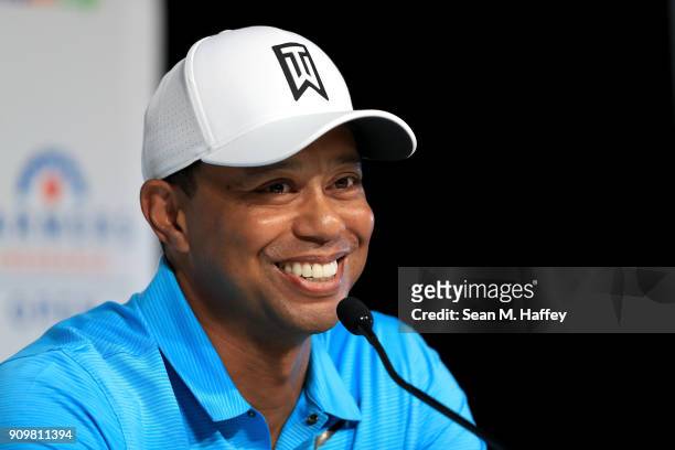Tiger Woods addresses the media during a press conference after playing in the pro-am round of the Farmers Insurance Open at Torrey Pines Golf Course...