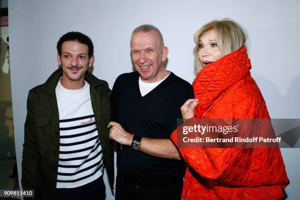 Vincent Dedienne, Stylist Jean-Paul Gaultier and Amanda Lear pose after the Jean-Paul Gaultier Haute Couture Spring Summer 2018 show as part of Paris...