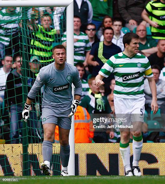 Artur Boruc of Celtic shouts at his Captain Gary Caldwell during the Clydesdale Bank Scottish Premier league match between Celtic and Hearts at...