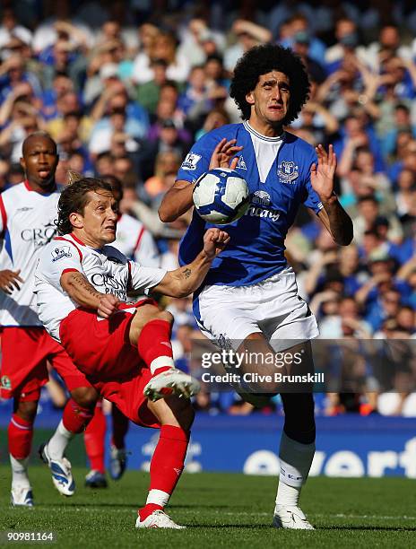 Marouane Fellaini of Everton in action with Michel Salgado of Blackburn Rovers during the Barclays Premier League match between Everton and Blackburn...