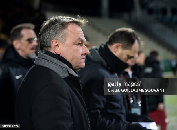 Metz's head coach Frederic Hantz looks on during the French Cup round of 16 football match between Tours and Metz at the Vallee du Cher stadium in...