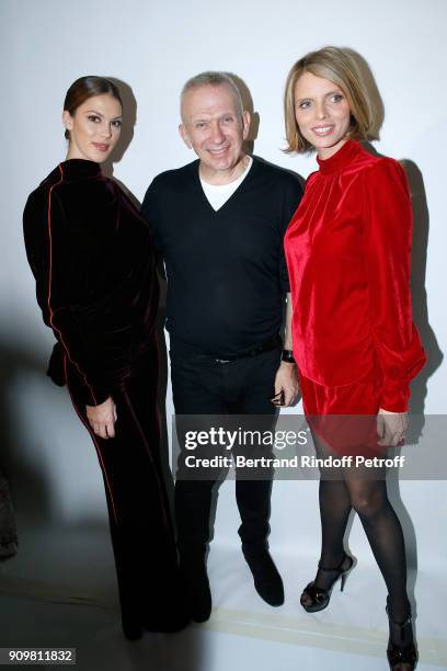 Miss France 2016 and Miss Univers 2016, Iris Mittenaere, Stylist Jean-Paul Gaultier and CEO of Miss France Company Sylvie Tellier pose after the...