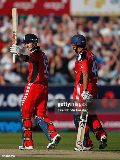 England batsman Joe Denly celebrates his half century during the 7th NatWest ODI between England and Australia at The Riverside on September 20, 2009...