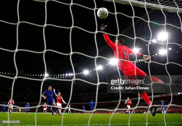 David Ospina of Arsenal attempts to save as Pedro of Chelsea scoeres a goal which is later dissalowed due to VAR during the Carabao Cup Semi-Final...