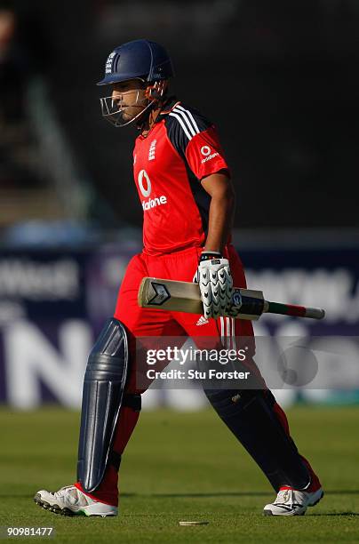 England batsman Ravi Bopara leaves the field after being dismissed during the 7th NatWest ODI between England and Australia at The Riverside on...