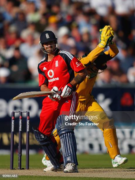 England batsman Owais Shah is caught behind by Tim Paine during the 7th NatWest ODI between England and Australia at The Riverside on September 20,...