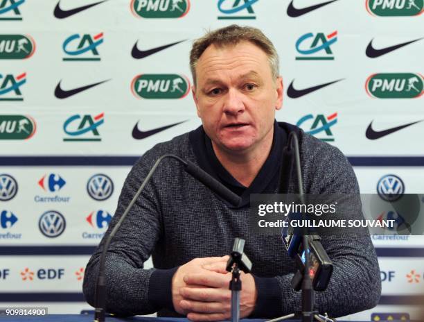 Metz's head coach Frederic Hantz addresses a press conference after the French Cup round of 16 football match between Metz and Tours at the Vallee du...