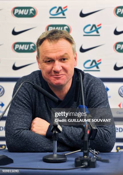 Metz's head coach Frederic Hantz addresses a press conference after the French Cup round of 16 football match between Metz and Tours at the Vallee du...