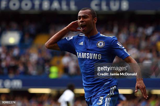 Ashley Cole of Chelsea celebrates scoring the first goal during the Barclays Premier League match between Chelsea and Tottenham Hotspur at Stamford...