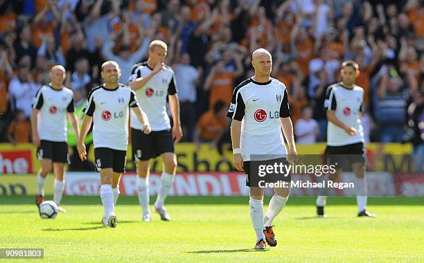 Andy Johnson of Fulham looks dejected as he and his team mates concede the first goal during the Barclays Premier League match between Wolverhampton...