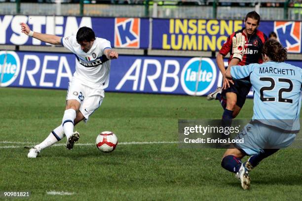 Diego Milito of Internazionale Milano scores during the Serie A match between Cagliari Calcio and Internazionale Milano at Stadio Sant'Elia on...