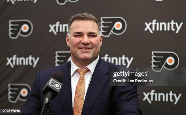 Hall Of Famer and former Philadelphia Flyer Eric Lindros speaks during a press conference prior to his Jersey Retirement Night ceremony on January...