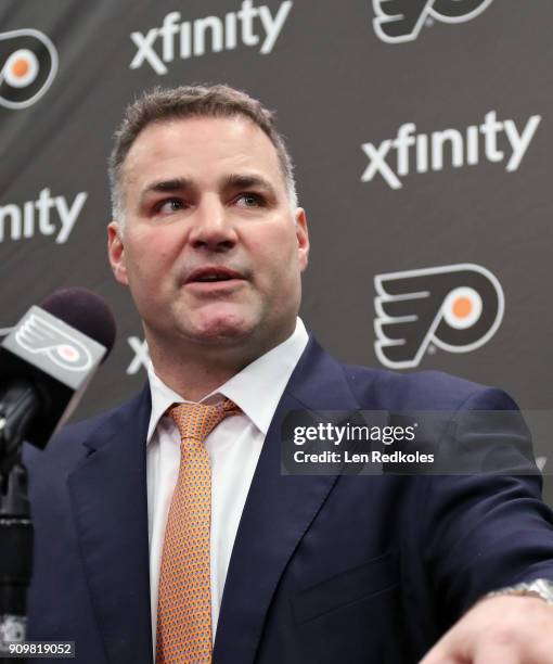 Hall Of Famer and former Philadelphia Flyer Eric Lindros speaks during a press conference prior to his Jersey Retirement Night ceremony on January...