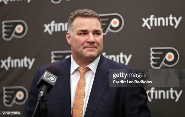 Hall Of Famer and former Philadelphia Flyer Eric Lindros speaks during a press conference prior to his Jersey Retirement Night ceremony on January...