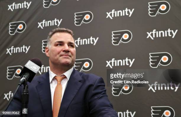 Hall Of Famer and former Philadelphia Flyer Eric Lindros speaks during a press conference prior to his Jersey Retirement Night ceremony on January...