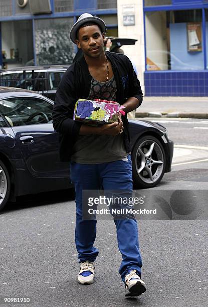 Reggie Yates arriving at Radio One with a present for Fearne Cotton on her Last Sunday Chart Show on September 20, 2009 in London, England.