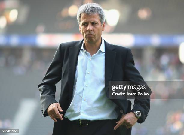 Head coach Lucien Favre of Berlin looks on prior to the Bundesliga match between Hertha BSC Berlin and SC Freiburg at Olympic Stadium on September...