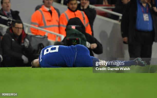 Ross Barkley of Chelsea racts to an injury during the Carabao Cup Semi-Final Second Leg at Emirates Stadium on January 24, 2018 in London, England.