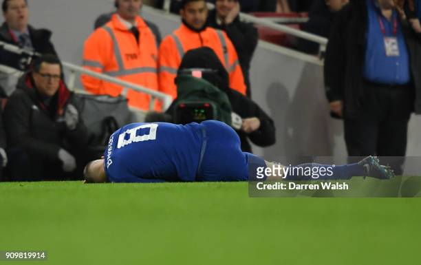 Ross Barkley of Chelsea racts to an injury during the Carabao Cup Semi-Final Second Leg at Emirates Stadium on January 24, 2018 in London, England.