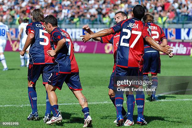 Neves Capucho Jeda of Cagliari celebrates the goal during during the Serie A match between Cagliari and inter at Stadio Sant'Elia on September 20,...