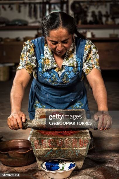 Chef Rufina Mendoza grinds chilcosle chili pepper with a Metate - a traditional grinding stone - before preparing segueza at the Tlamanalli...