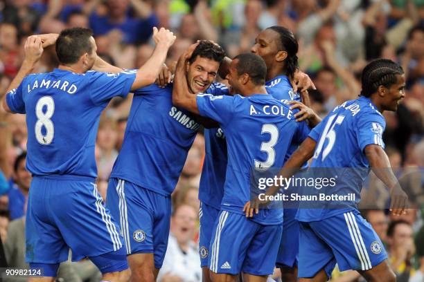 Michael Ballack of Chelsea celebrates with his team mates after he scored during the Barclays Premier League match between Chelsea and Tottenham...