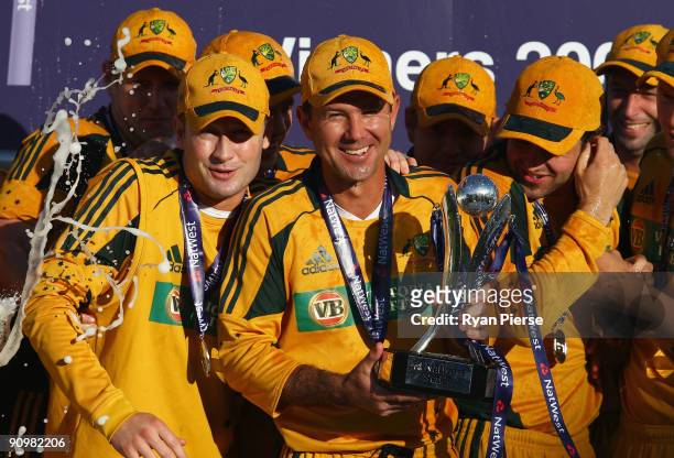Ricky Ponting of Australia holds the NatWest Series trophy after the 7th NatWest One Day International between England and Australia at The Riverside...